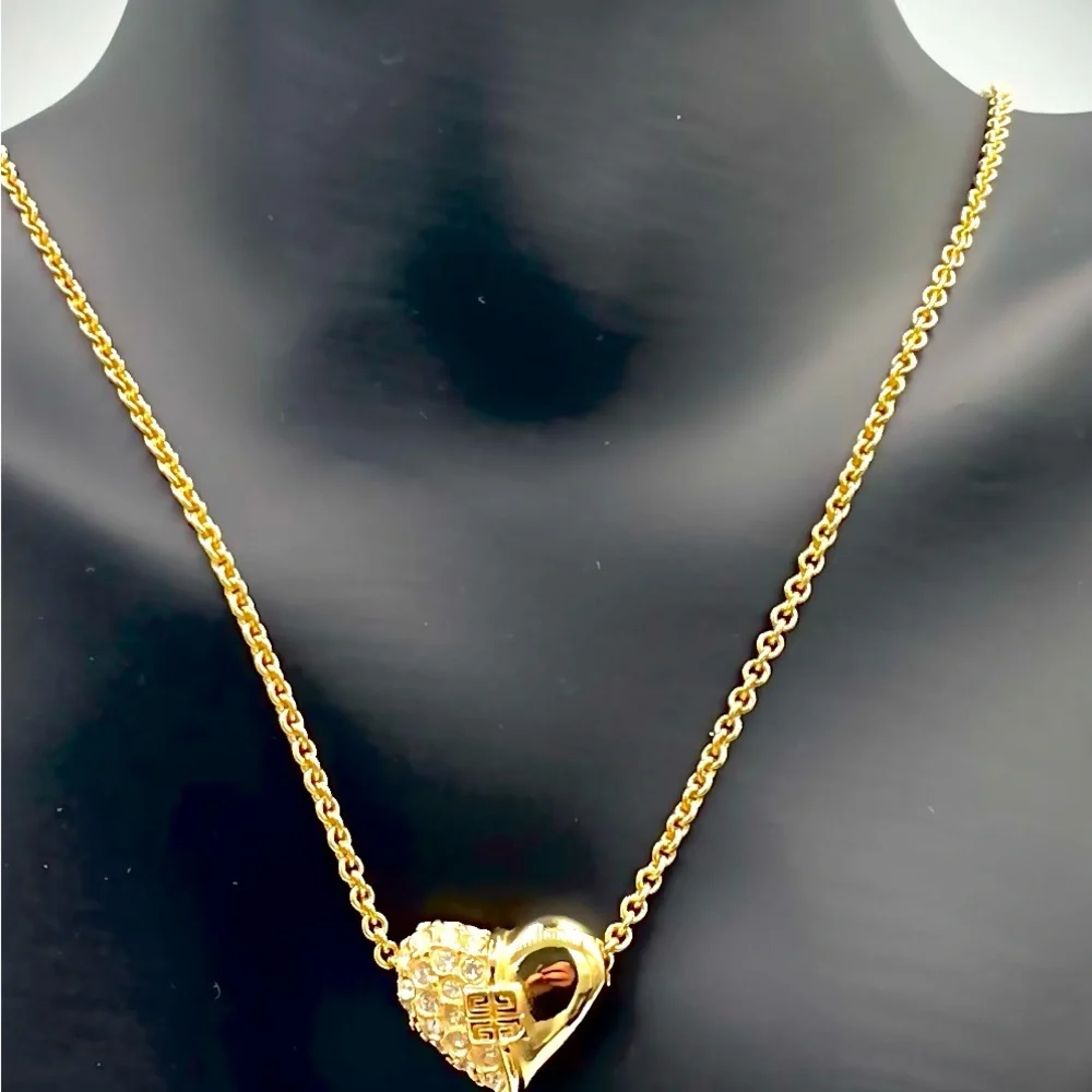 Vintage Givenchy Gold Heart Pendant Necklace with Crystal Accents